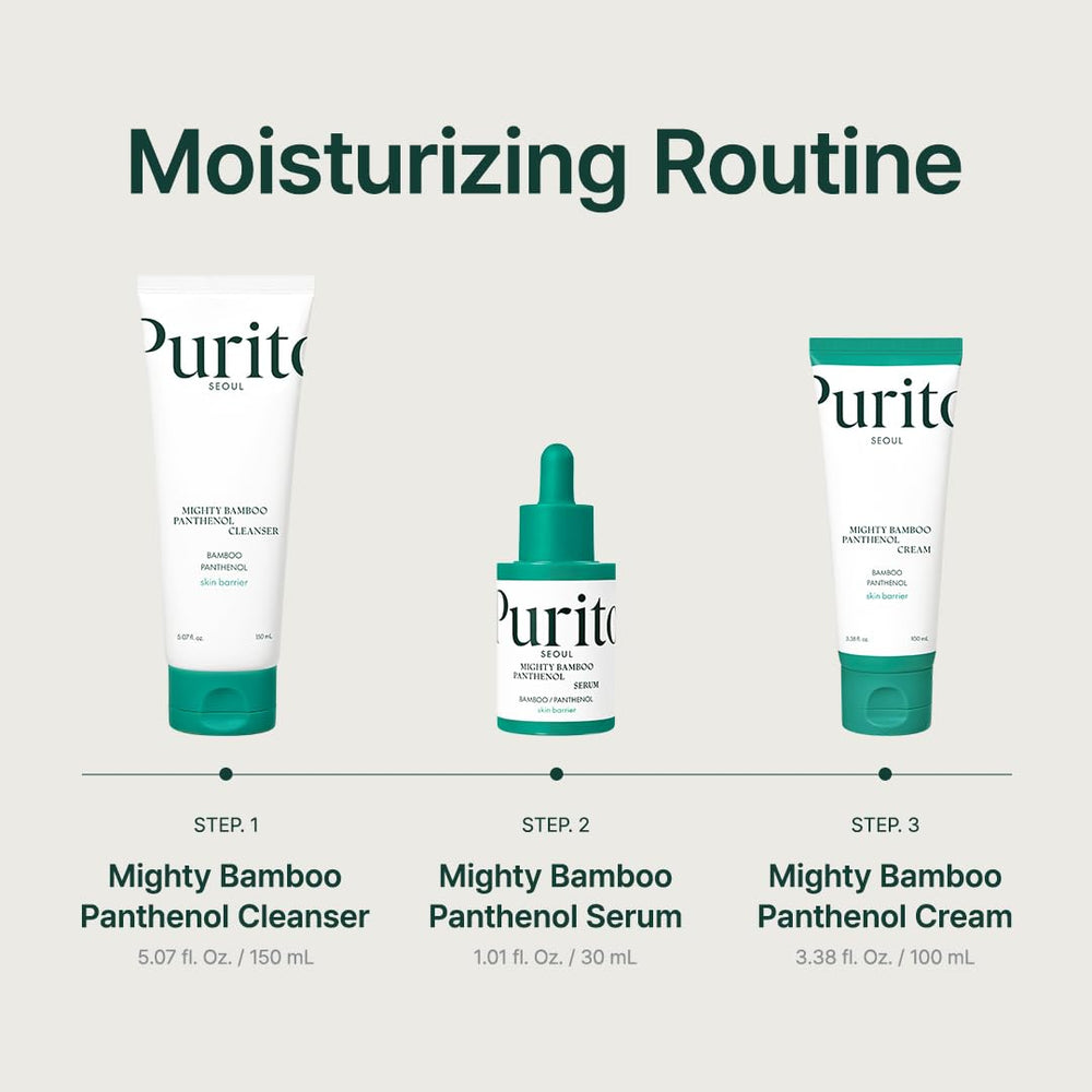 PURITO Skincare routine steps with cleanser, serum, cream.