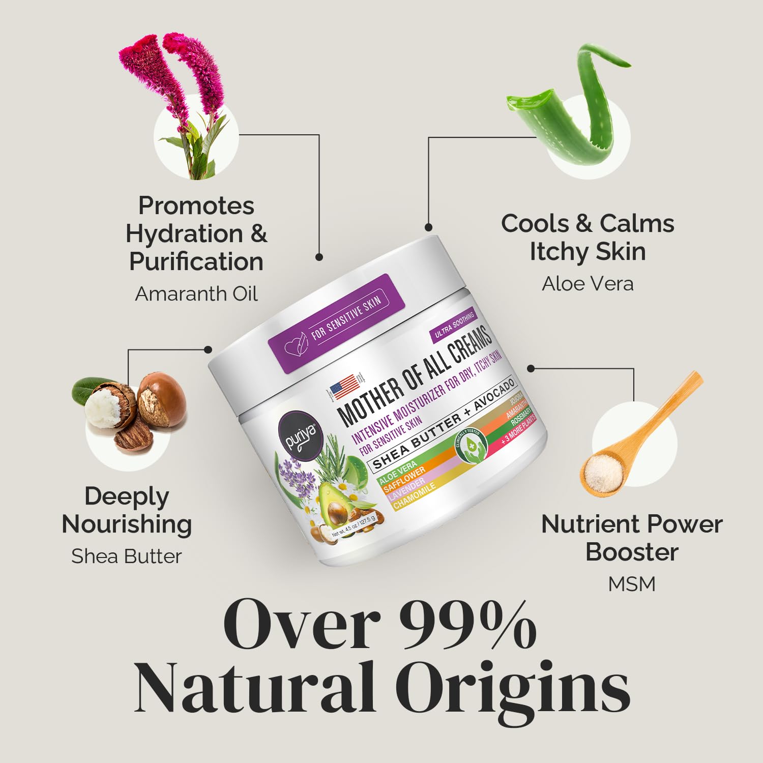 Puriya Intensive Moisturizer USA-made plant-based cream ideal for daily care.