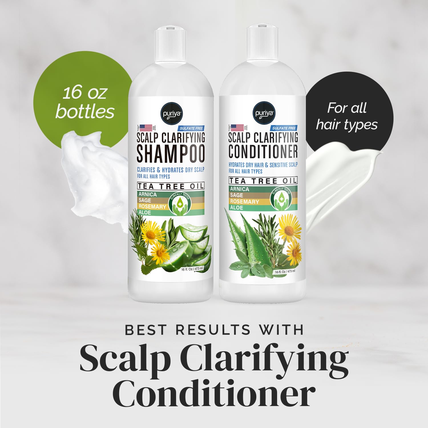 Puriya Tea Tree Clarifying Shampoo 16oz packaging emphasizes value and long-lasting cleansing