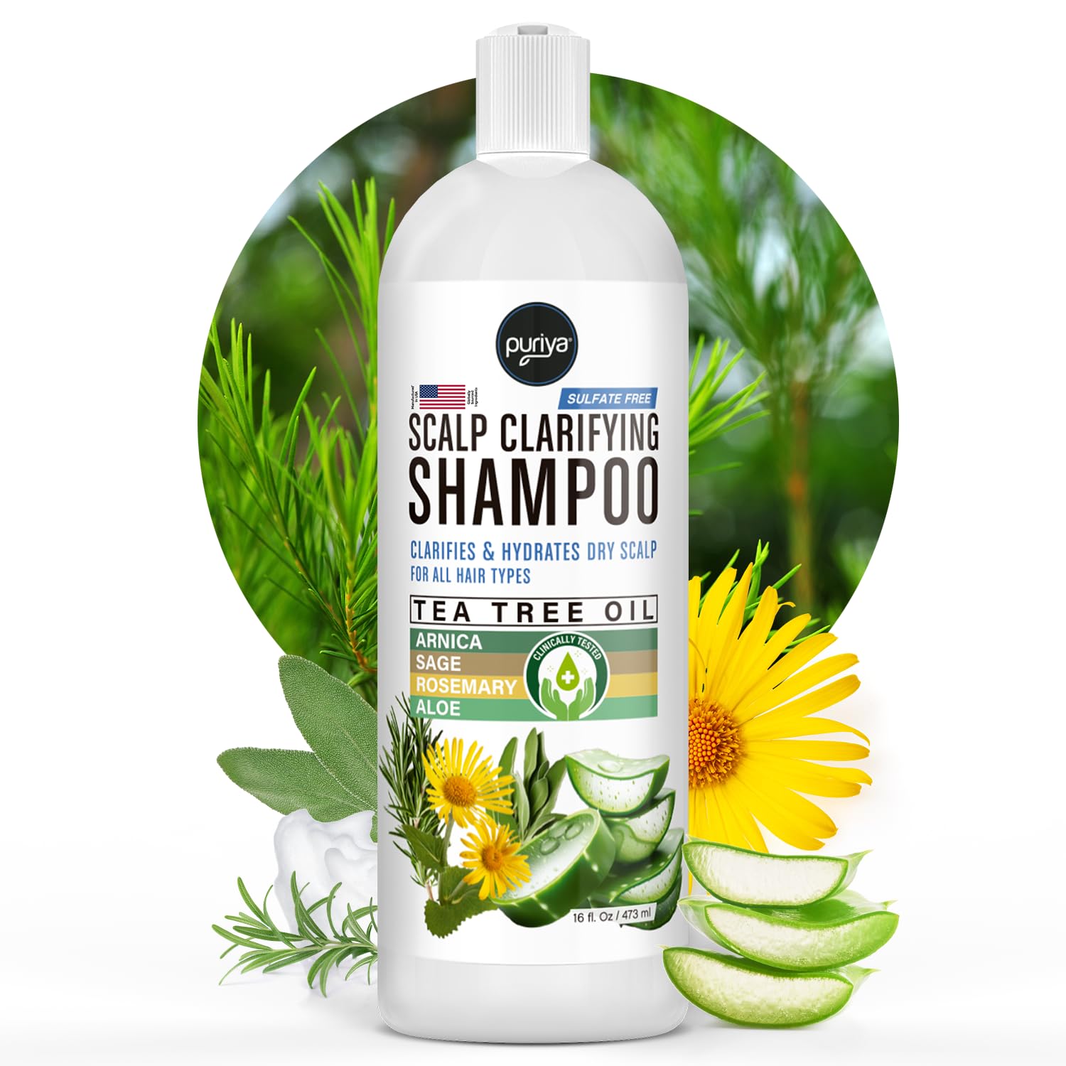 Puriya Tea Tree Clarifying Shampoo bottle for gentle cleansing and scalp relief