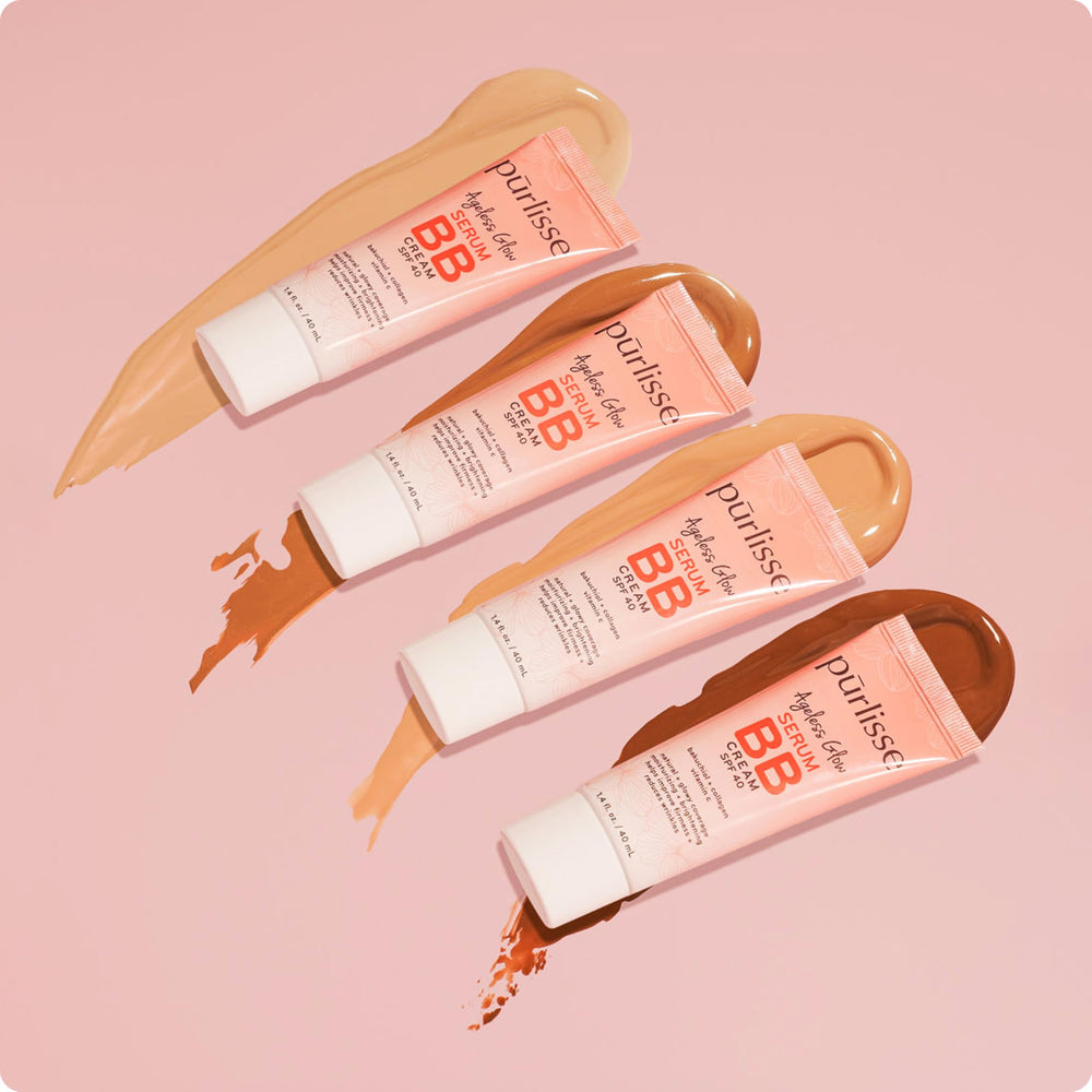 Purlisse Ageless Glow Serum BB Cream SPF 40 dewy finish on face