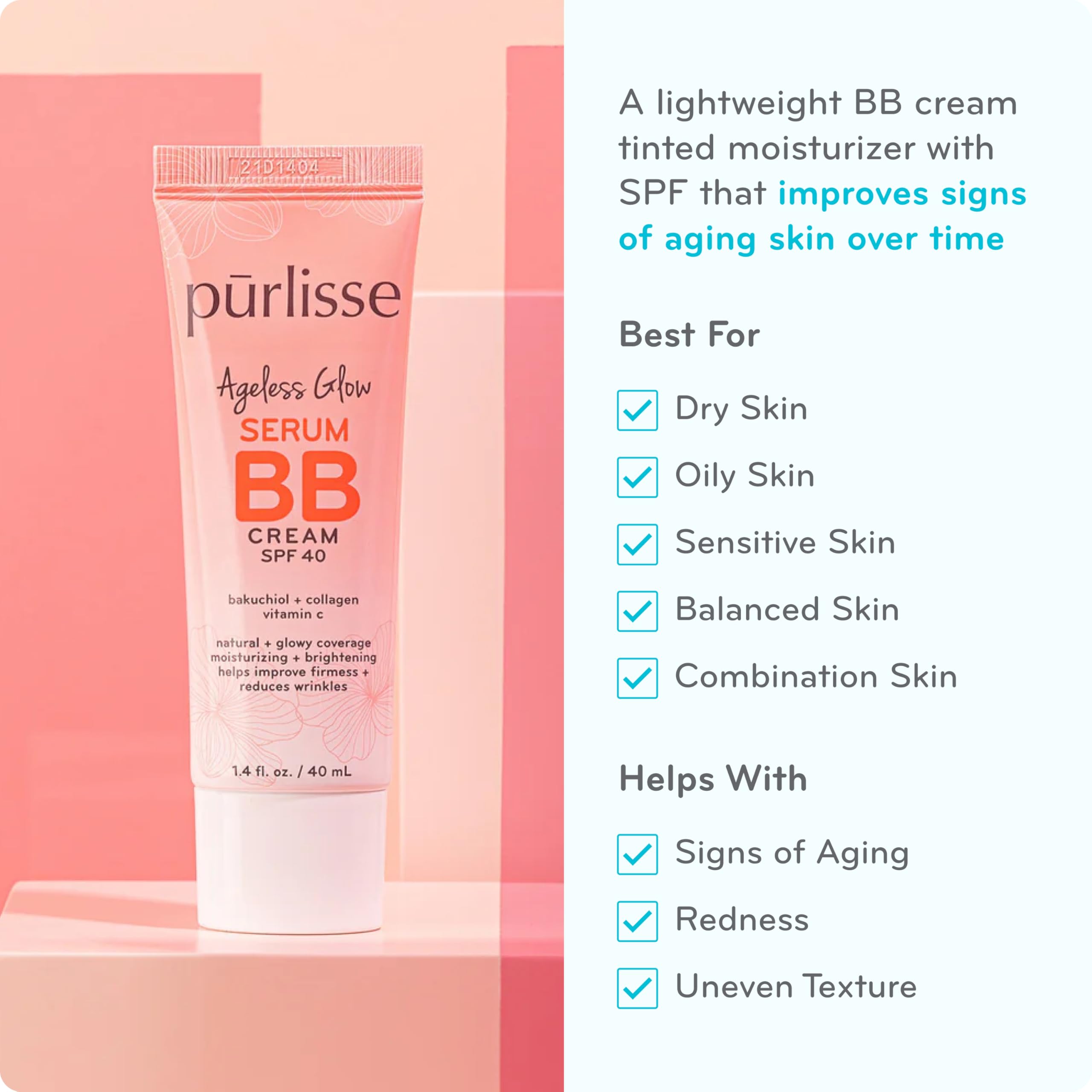 Purlisse Ageless Glow Serum BB Cream SPF 40 swatch on skin showing natural finish