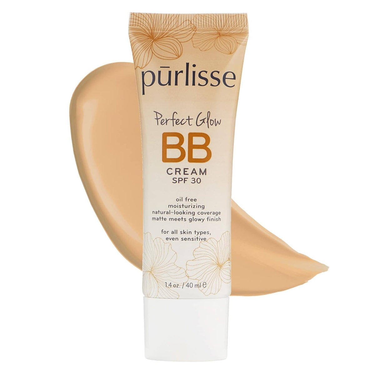 Purlisse Perfect Glow BB Cream bottle with SPF 30 showing matte to dewy finish for everyday wear.