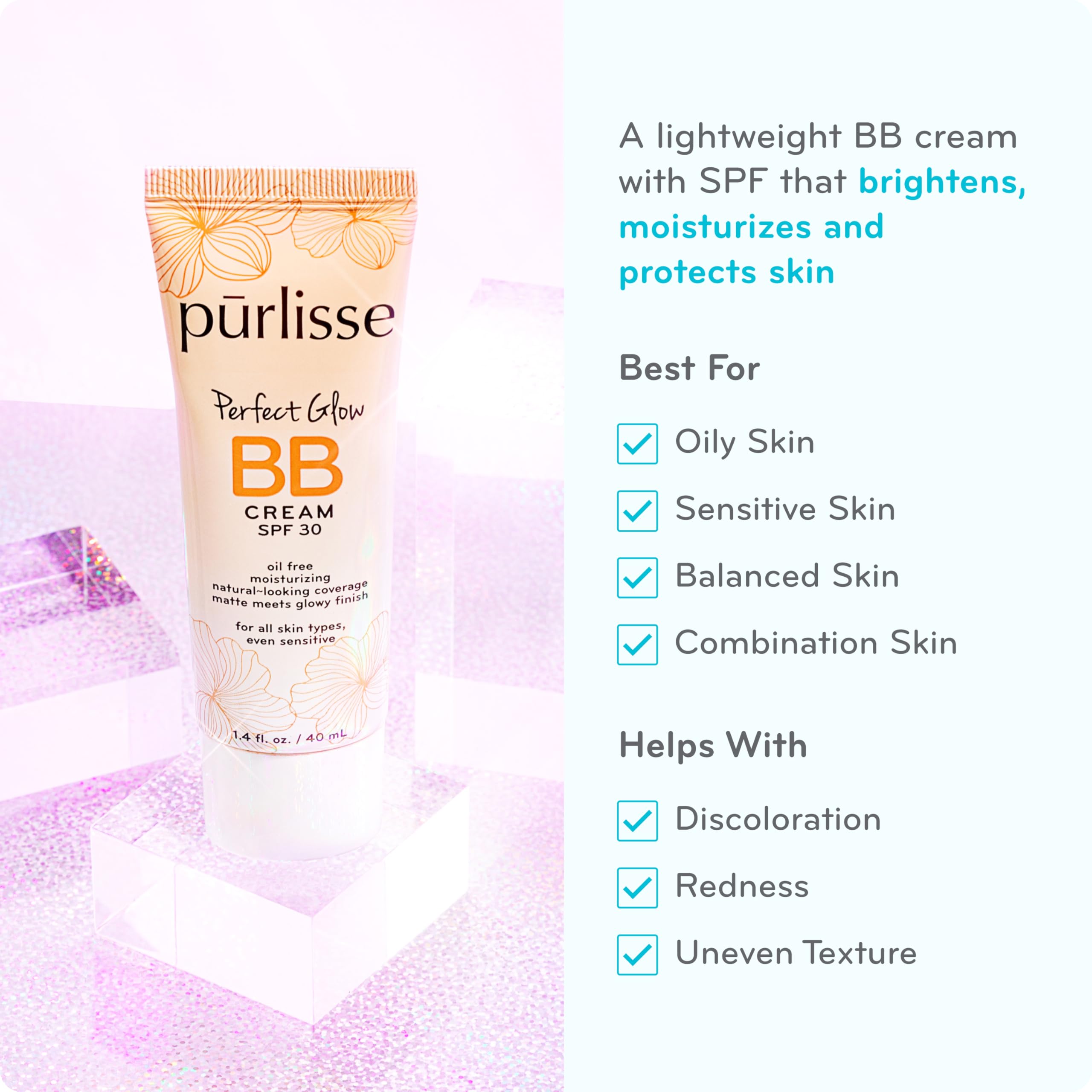 purlisse Perfect Glow BB Cream SPF 30 swatch in fair shade demonstrates natural-looking coverage
