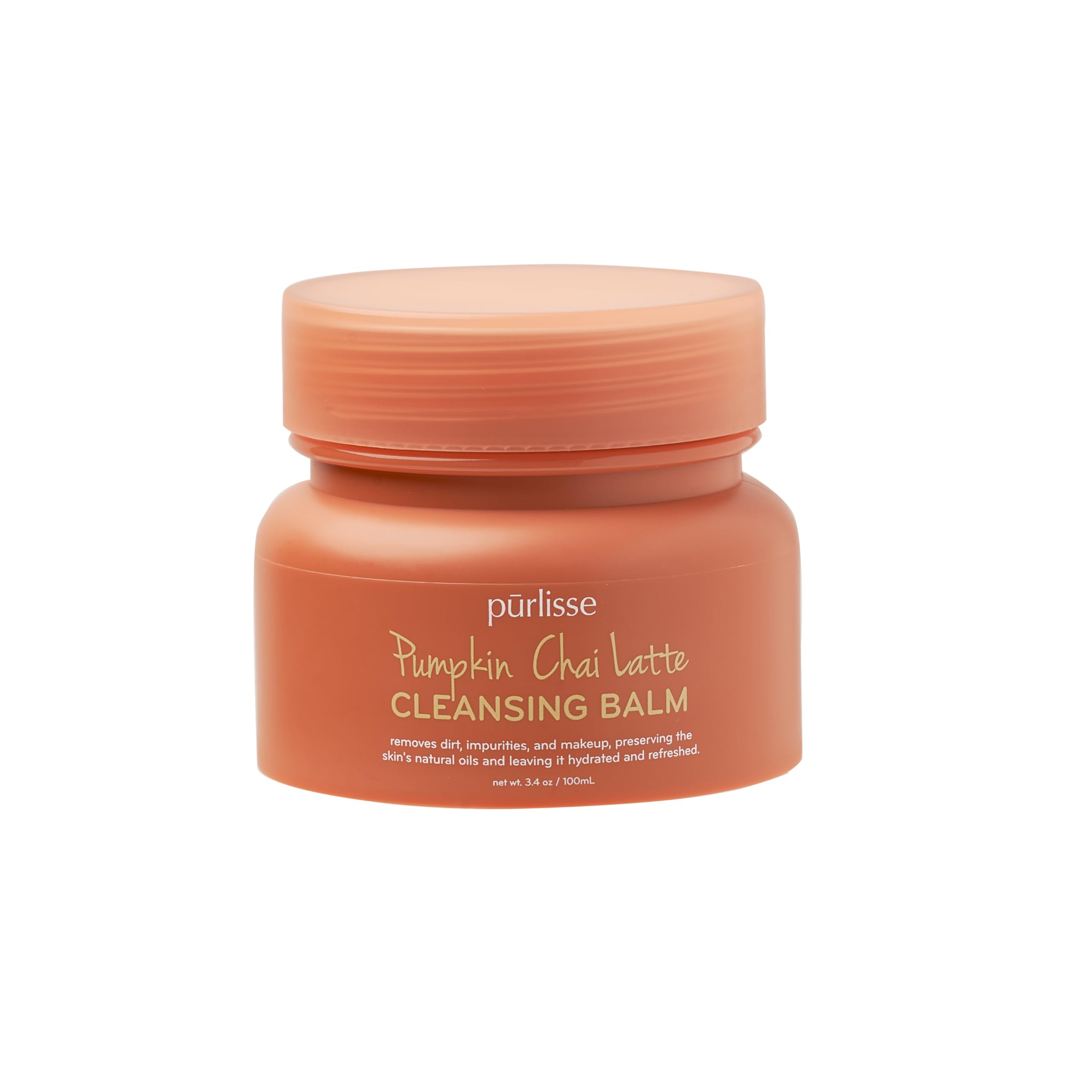Pūrlisse Pumpkin Chai Latte cleansing balm in jar gently melts makeup and impurities.