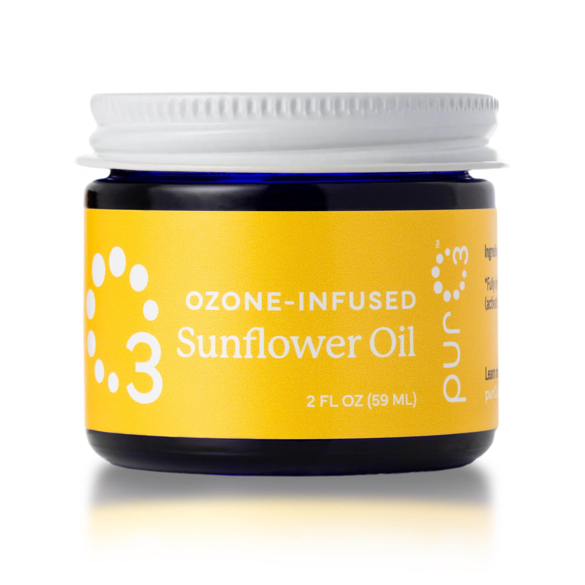 PurO3 ozonated sunflower oil bottle showing pure, ozone-infused skincare for face and body.
