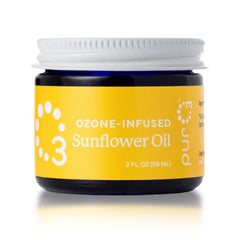 PurO3 ozonated sunflower oil bottle showing pure, ozone-infused skincare for face and body.