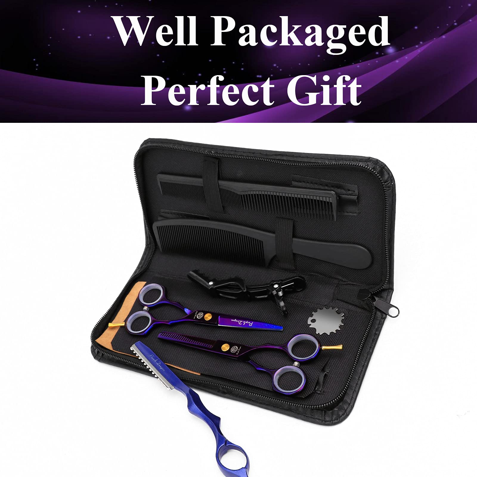 Purple Dragon packaging includes razor and leather case for easy storage