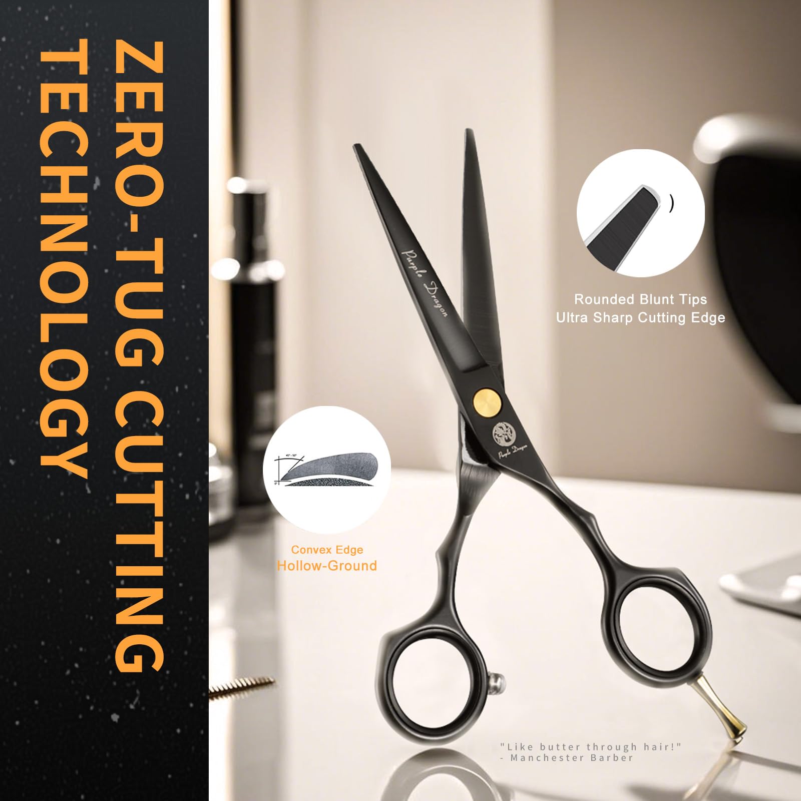 Purple Dragon thinning blades closeup demonstrates versatile shaping options.