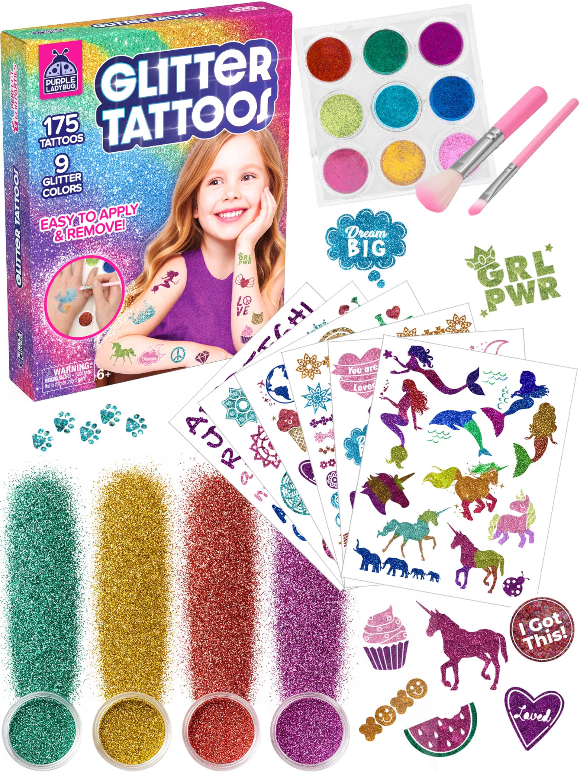 Purple Ladybug 175-piece tattoo kit contents show endless design options for crafty kids