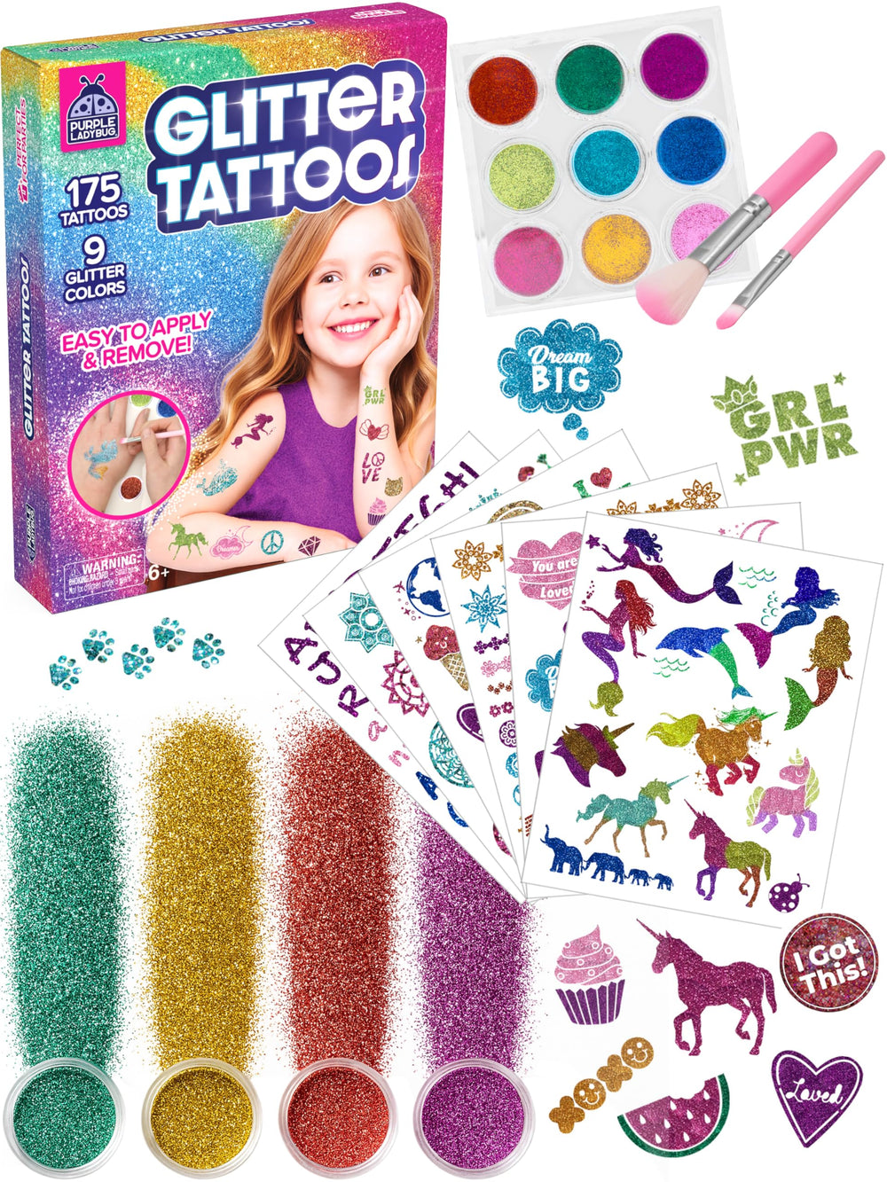 Purple Ladybug 175-piece tattoo kit contents show endless design options for crafty kids