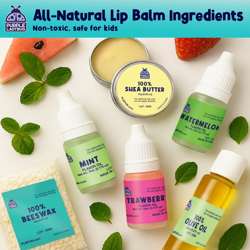 PURPLE LADYBUG DIY Lip Balm Kit flavors-strawberry showcases customizable flavor creations for teens.