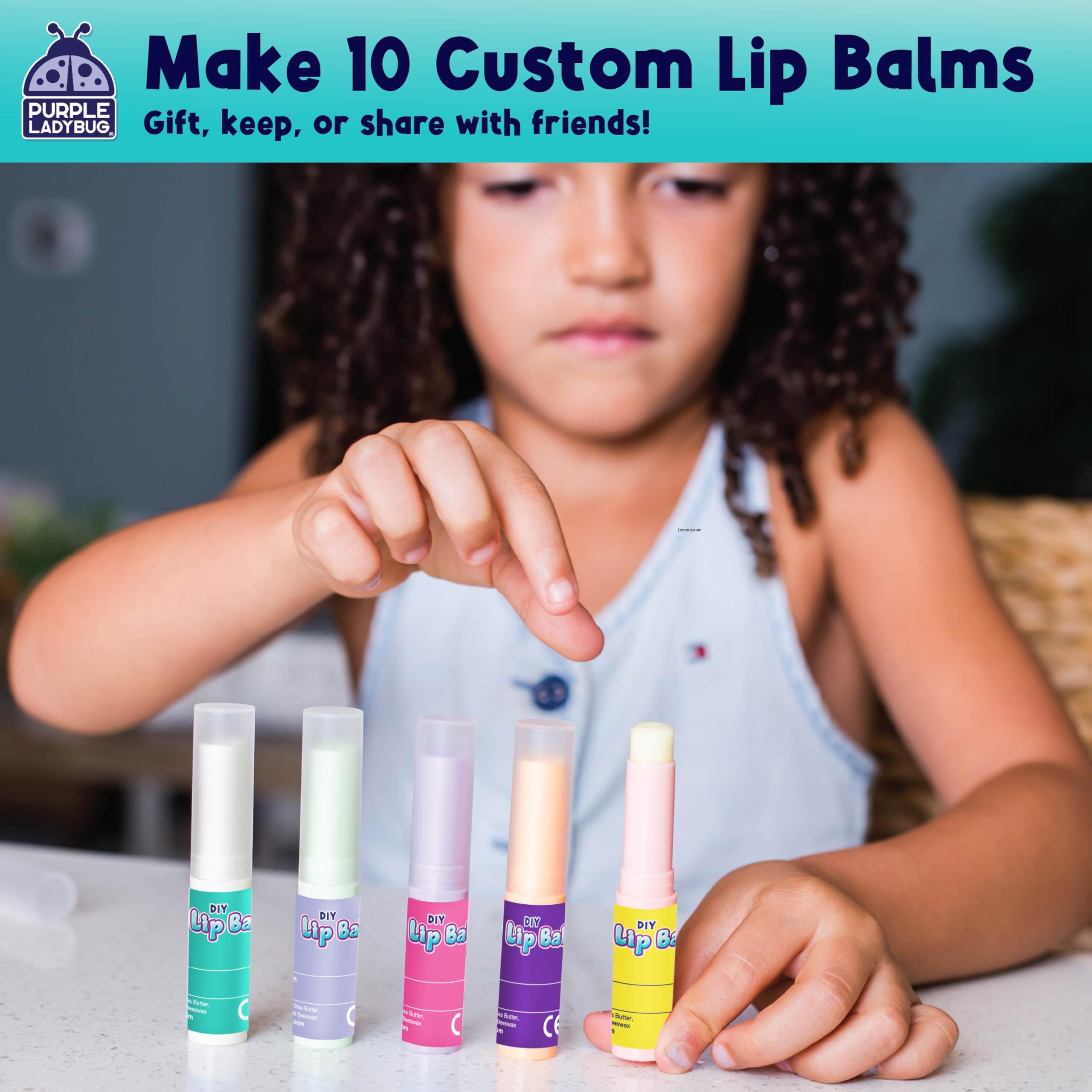 PURPLE LADYBUG DIY Lip Balm Kit ingredients and tools ready for safe, hands-on crafting.