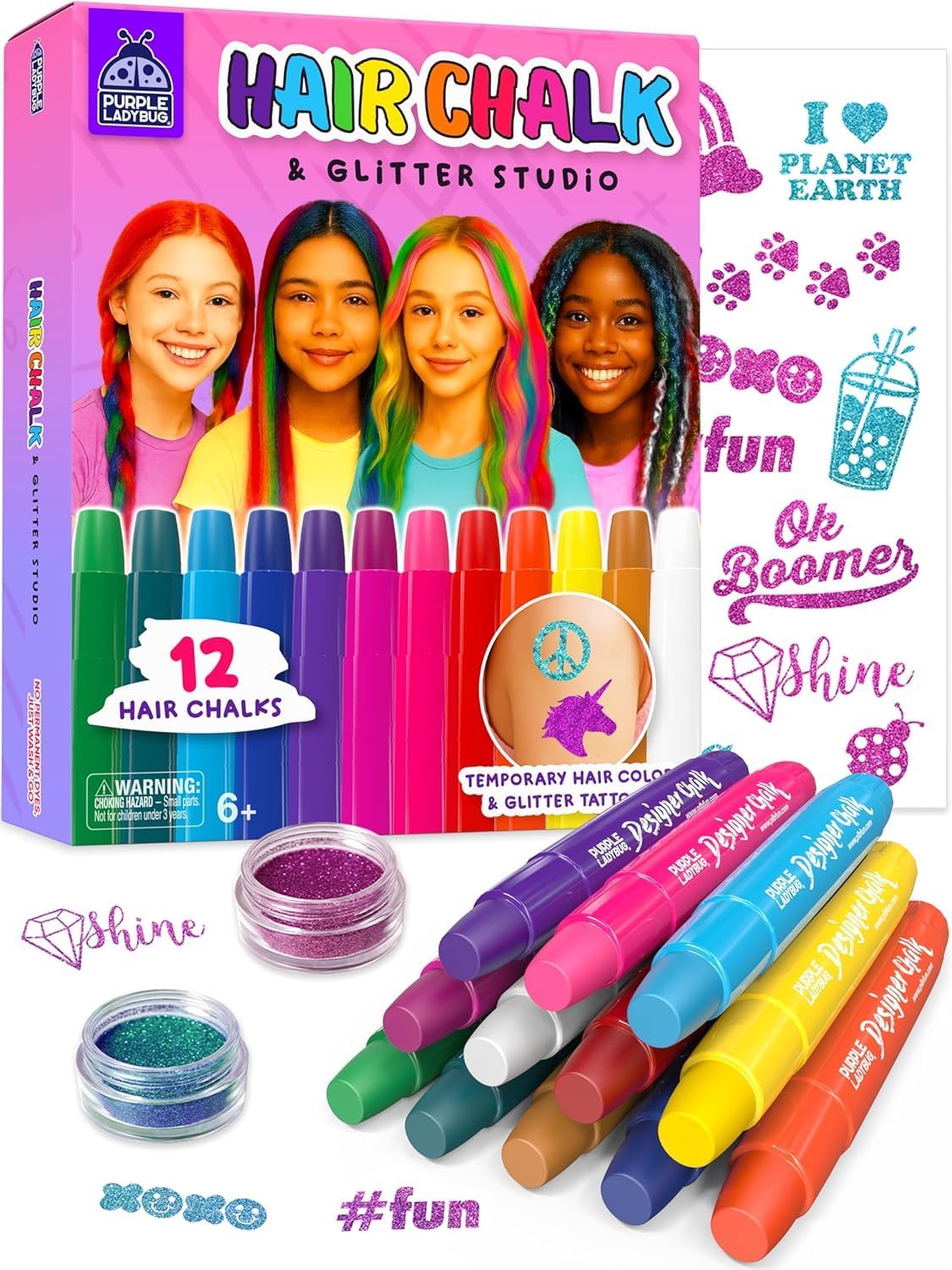 PURPLE LADYBUG hair chalk set with 12 colors for vivid kids' hair
