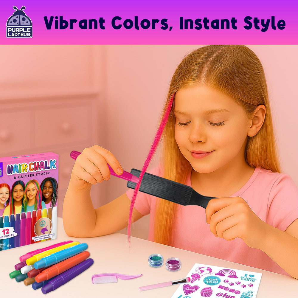 Kid applying PURPLE LADYBUG hair chalk on light and dark hair