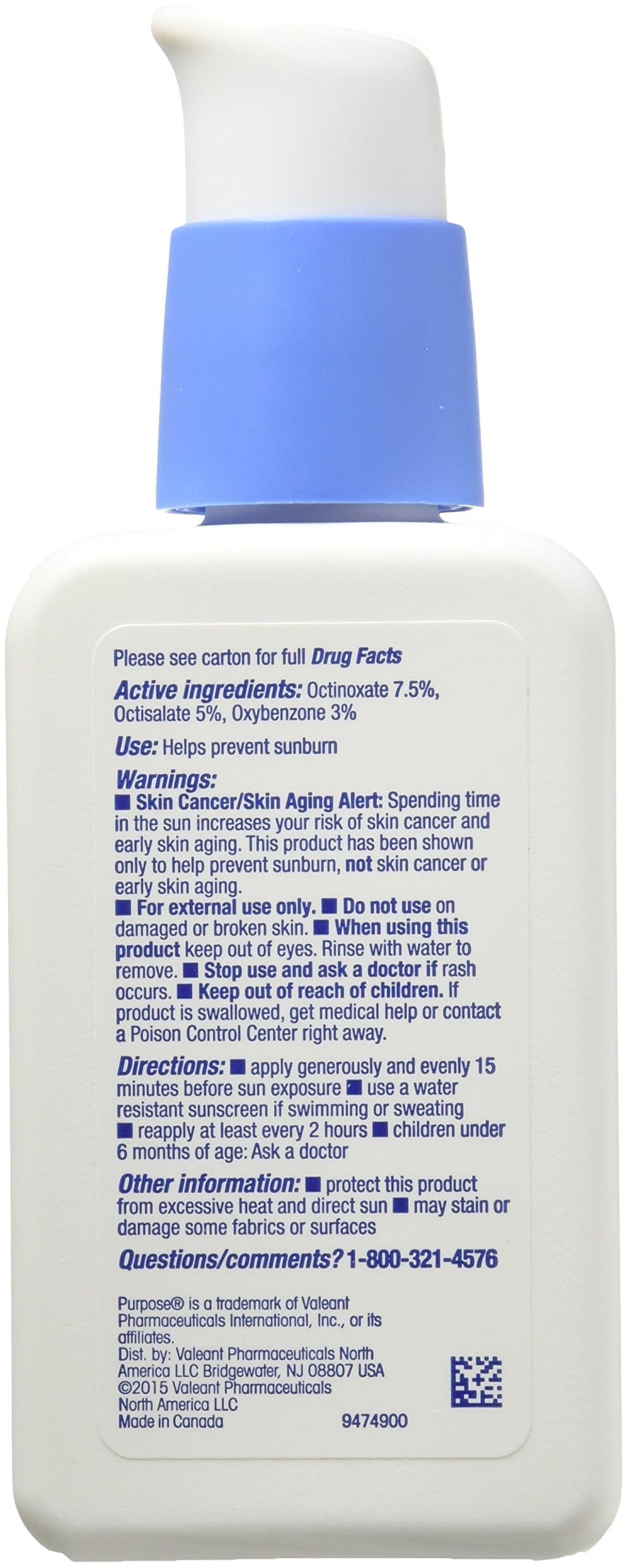 Purpose Dual Treatment Moisturizer SPF 10 packaging info—for dimensions and country of origin.