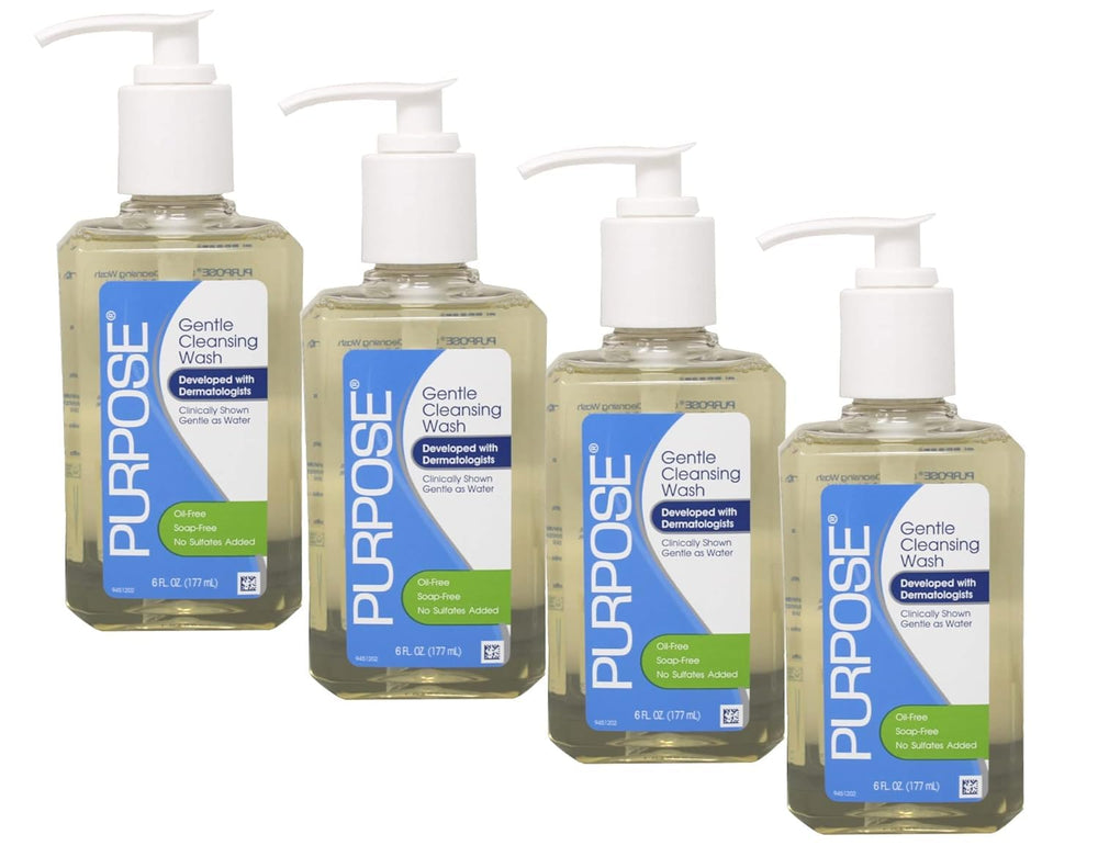 Purpose Gentle Cleansing Wash bottle front shows hypoallergenic, soap-free formula for all skin types.