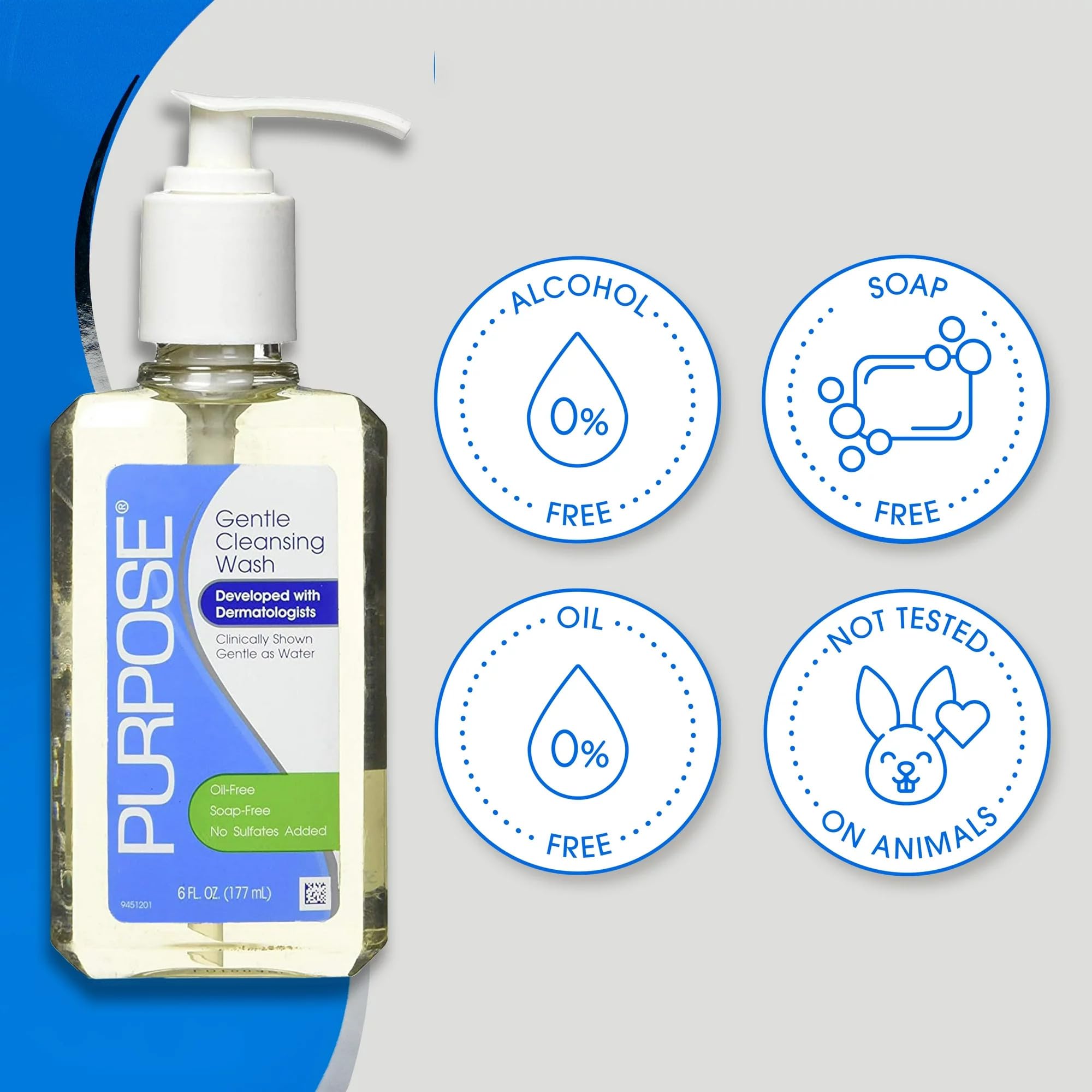 Purpose Gentle Cleansing Wash close-up label emphasizes hypoallergenic, suitable for sensitive skin.
