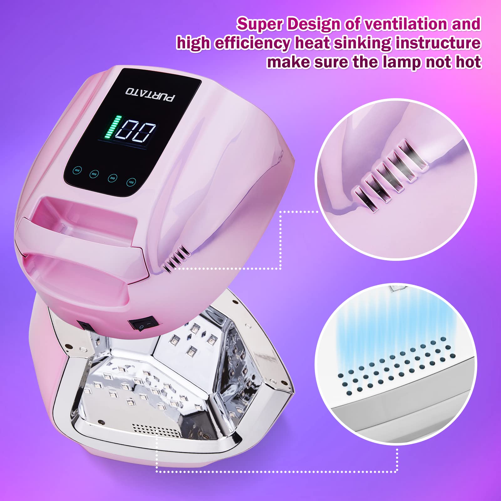 Purtato 96W UV LED tech ensures efficient curing for faster at-home manicures.