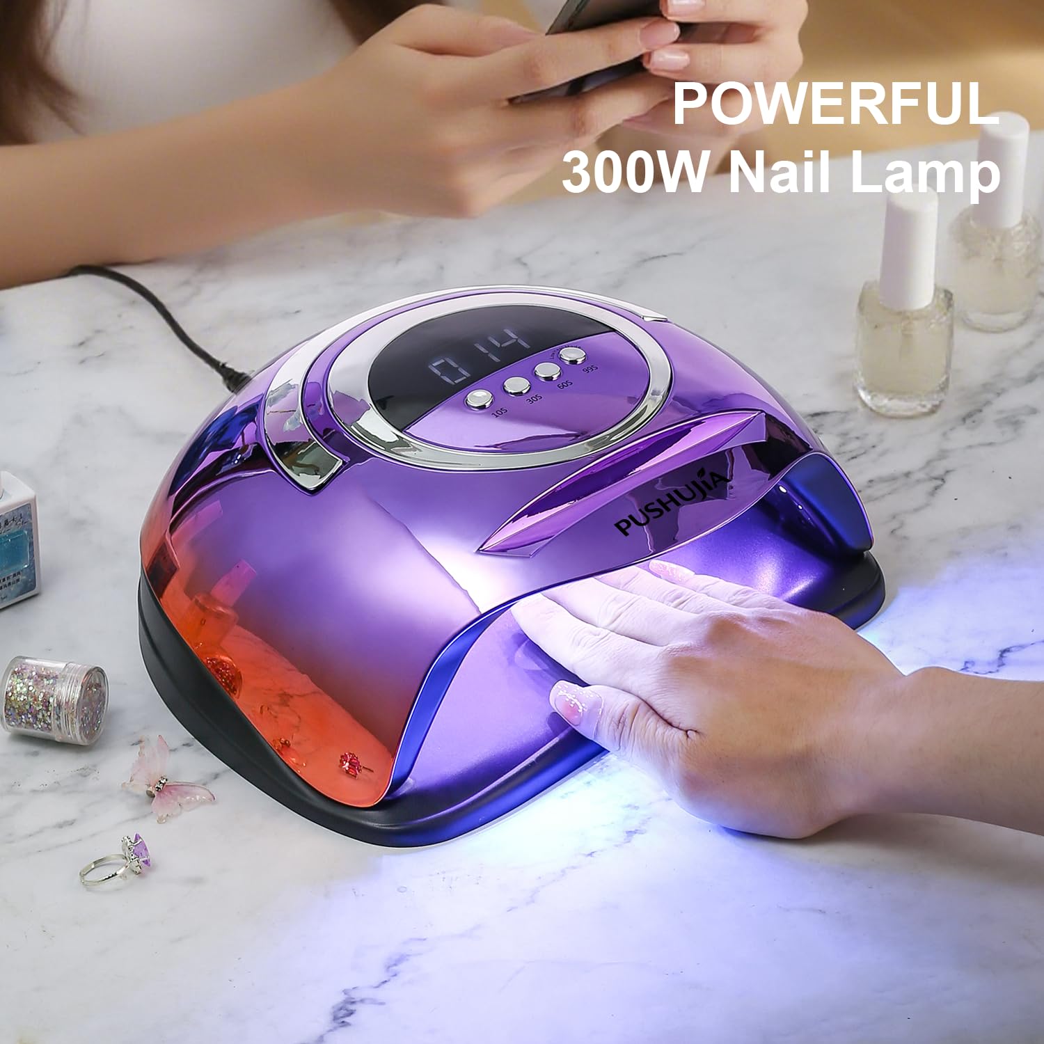 PUSHUJIA 72 LEDs coverage showing even cure across all nails with minimal shadows.