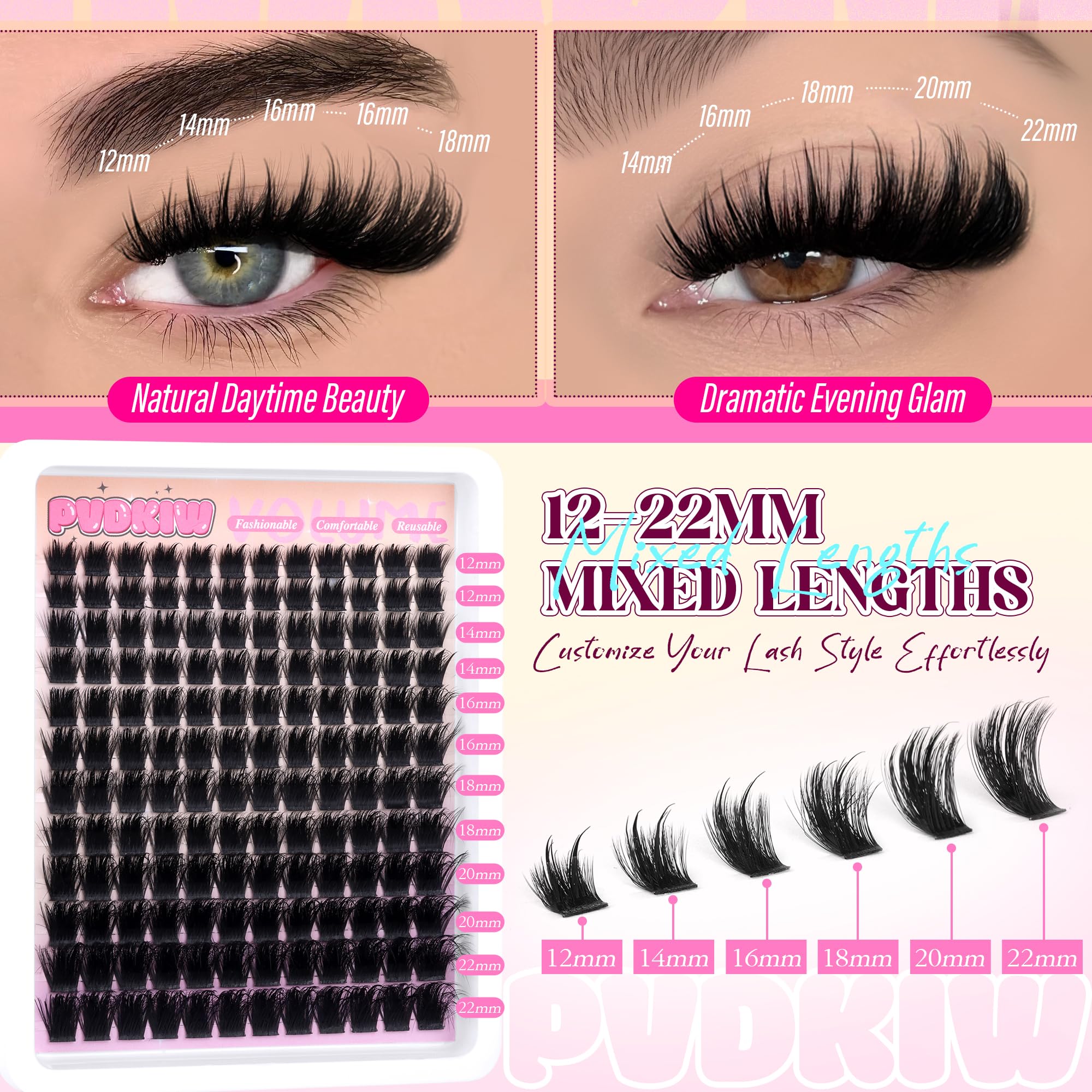 PVDKIW 12-22mm lengths for customizable daytime to evening lash looks