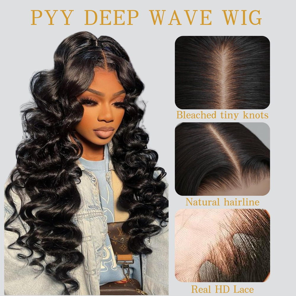 PYY Deep Wave Lace Front Wig 13x4 lace close-up highlights breathable Swiss HD lace.