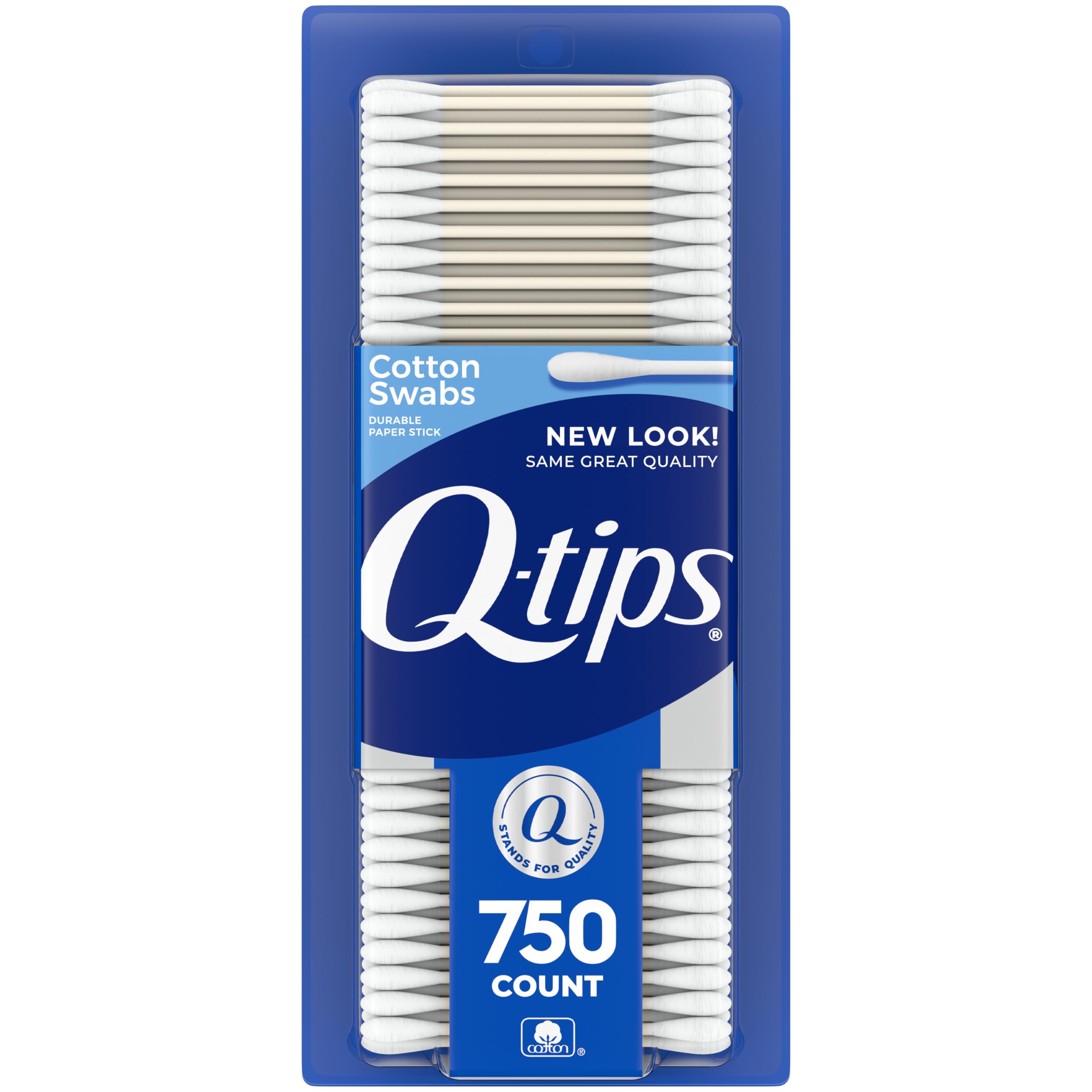 Q-tips front packaging 750 count showing brand and quantity, convenient supply