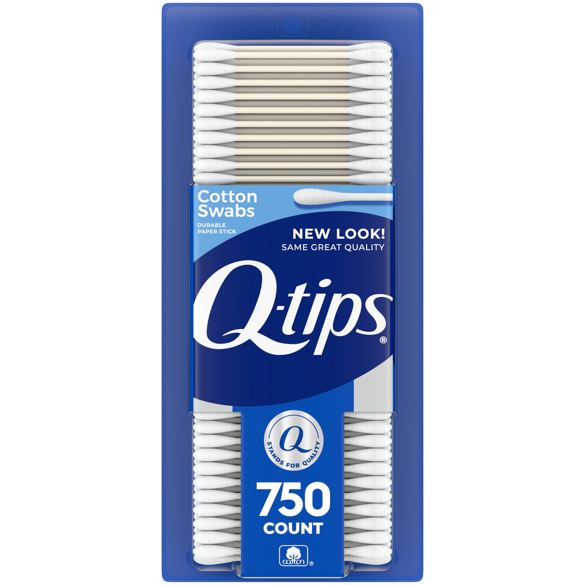 Q-tips front packaging 750 count showing brand and quantity, convenient supply