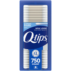 Q-tips front packaging 750 count showing brand and quantity, convenient supply