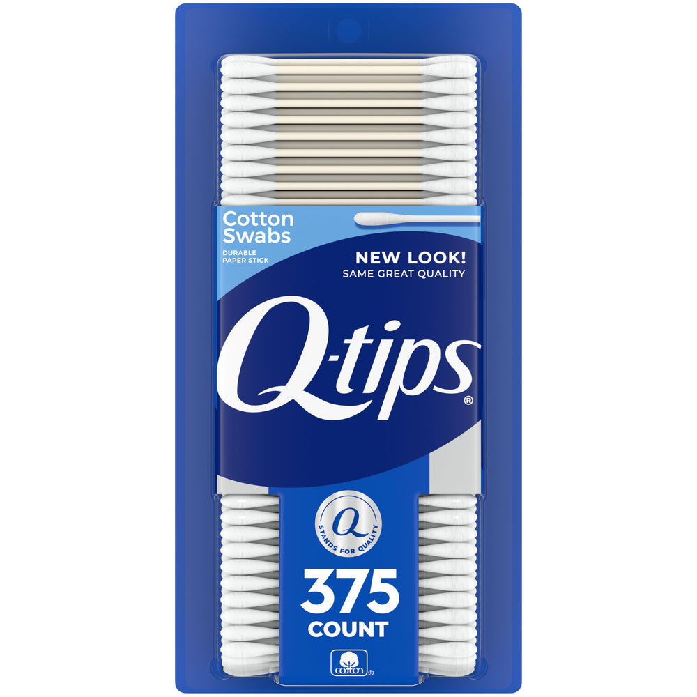 Q-tips front tub showing brand and count, convenient storage benefit