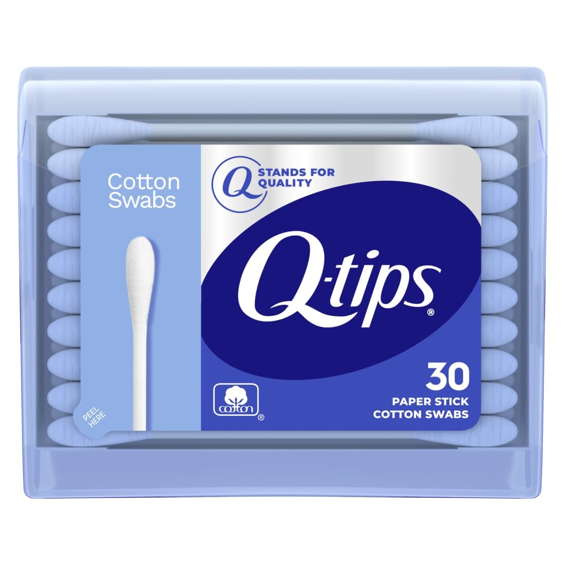 Q-tips travel pack blue case front view showing compact flip-top for clean access and easy portability