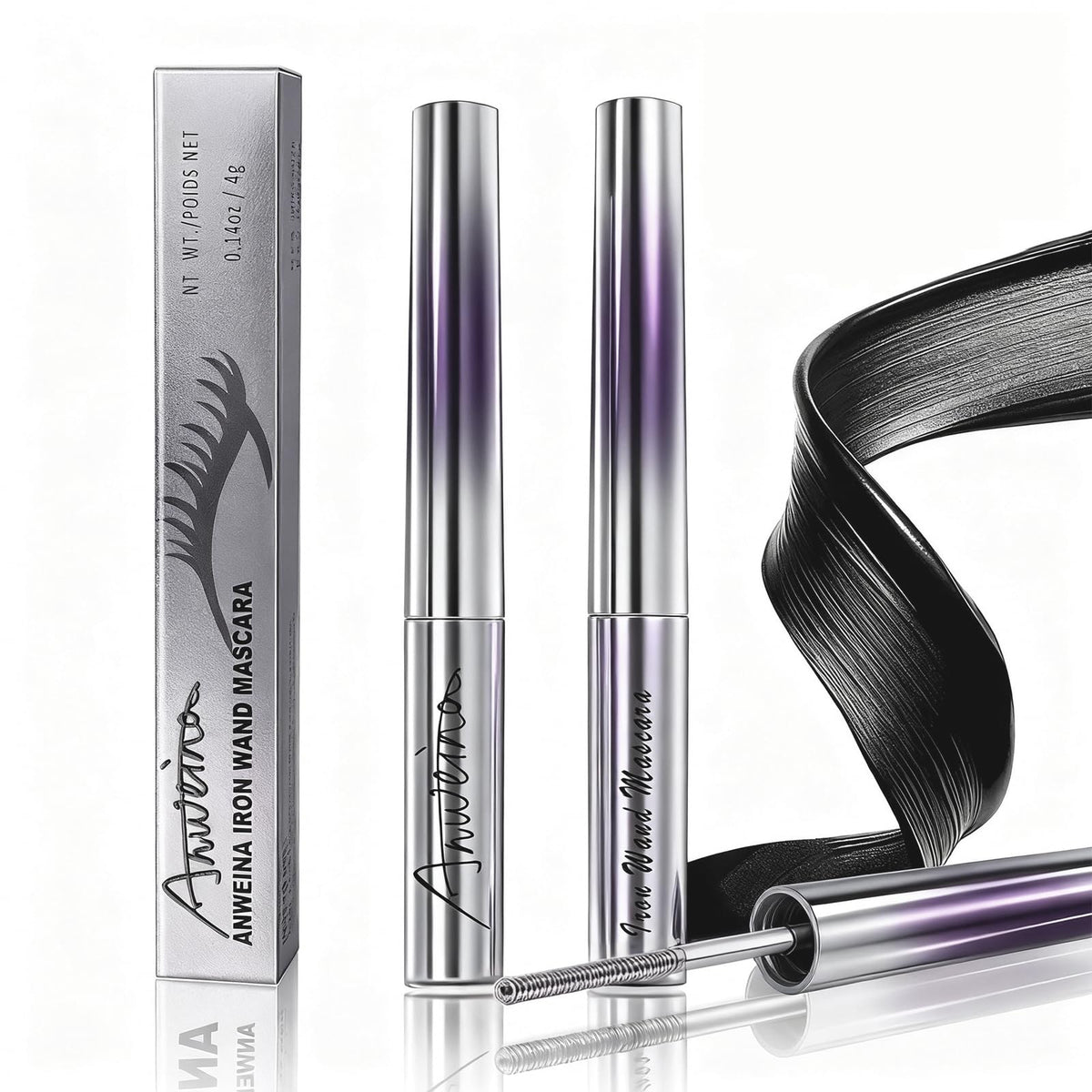 Qawnfy Iron Wand Mascara packaging with sleek metal wand for easy cleanup.