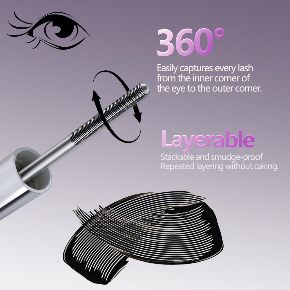 Qawnfy Iron Wand Mascara swatch in black emphasizes dramatic volumizing effect.