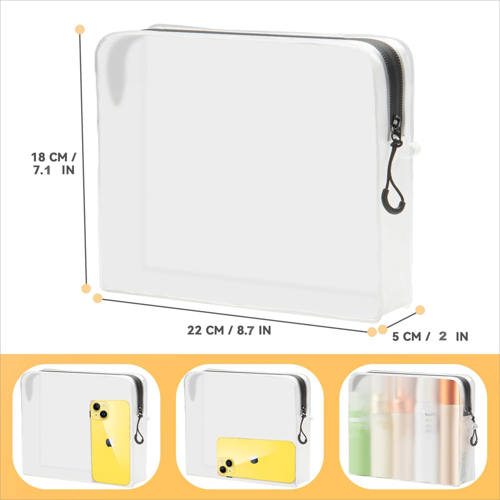 Qbily clear-leak-proof bag interior view showing ample cosmetics capacity