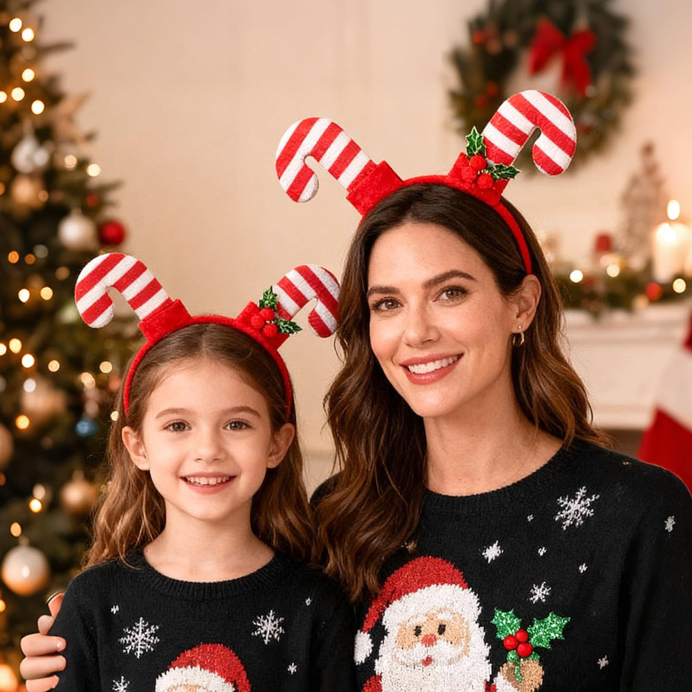 QDTK candy cane headband shown on hair, easy to put on and off