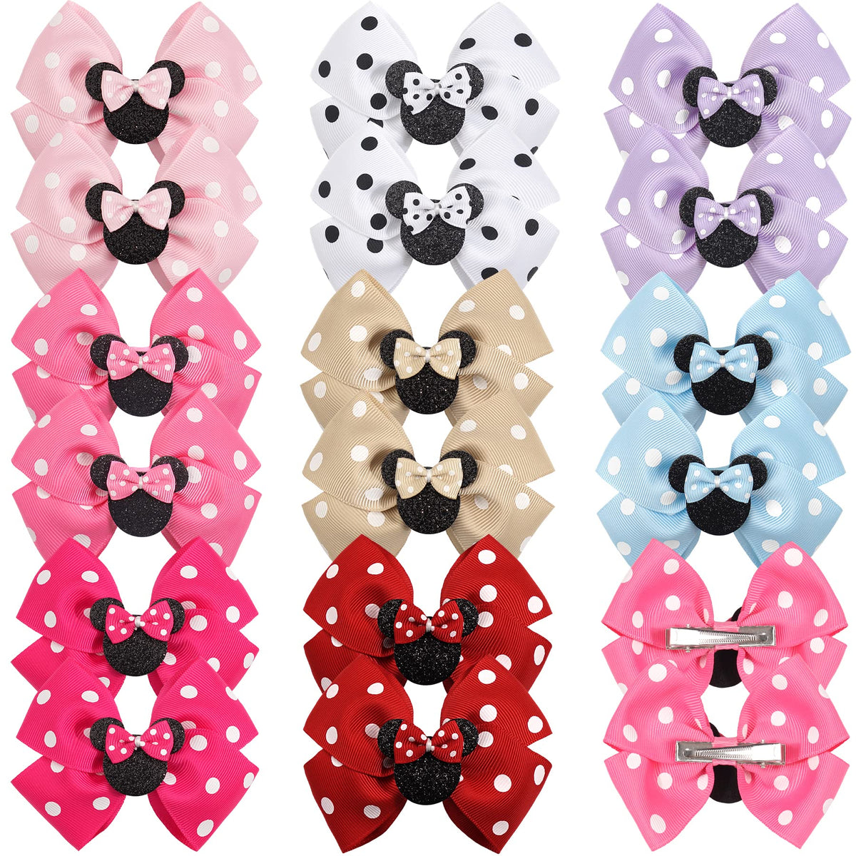 Qearl pink polka-dot mouse ears bow clip for toddlers.