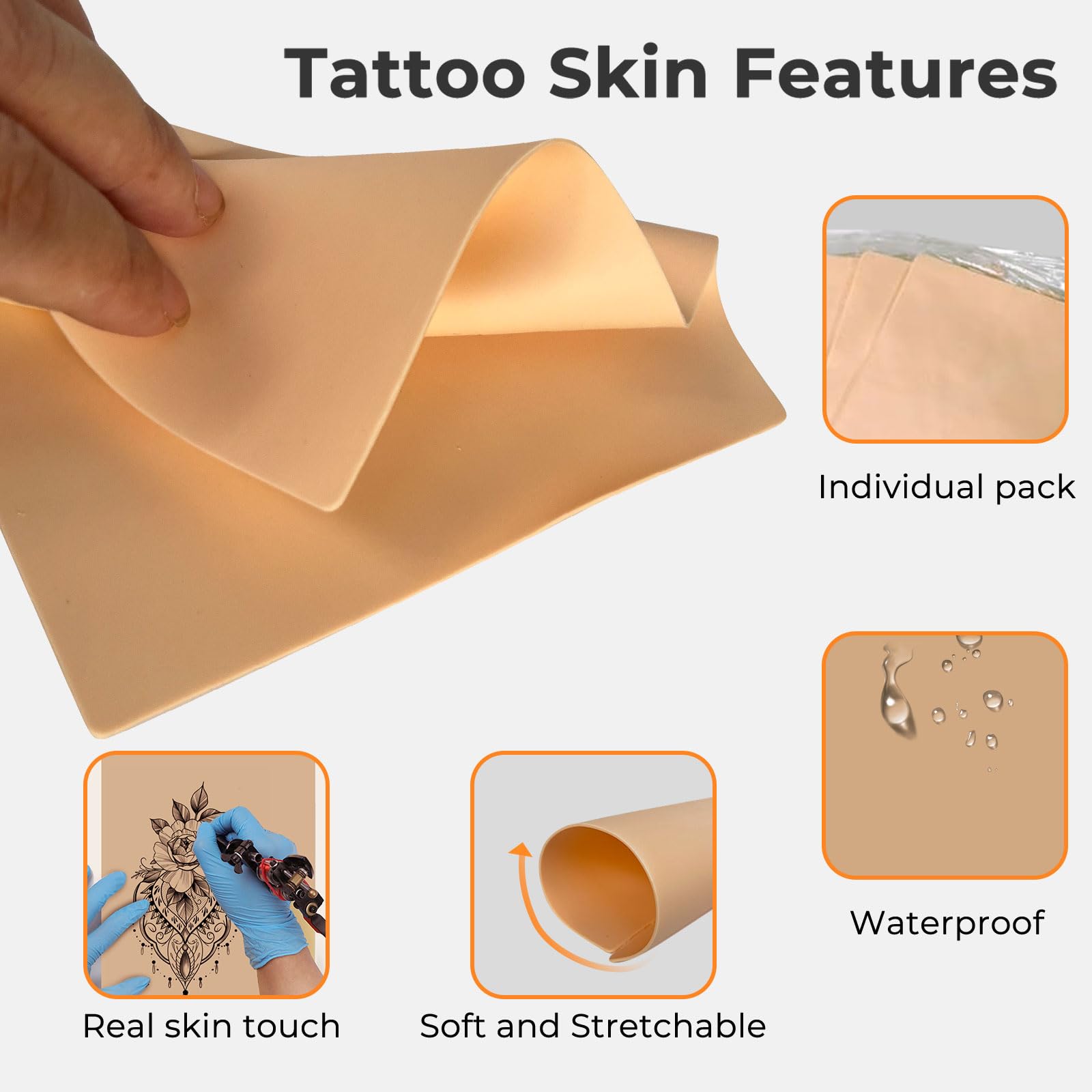 Qeqanazo ReelSkin sheets durable silicone illustration shows stretchable surface for repeated shading sessions.