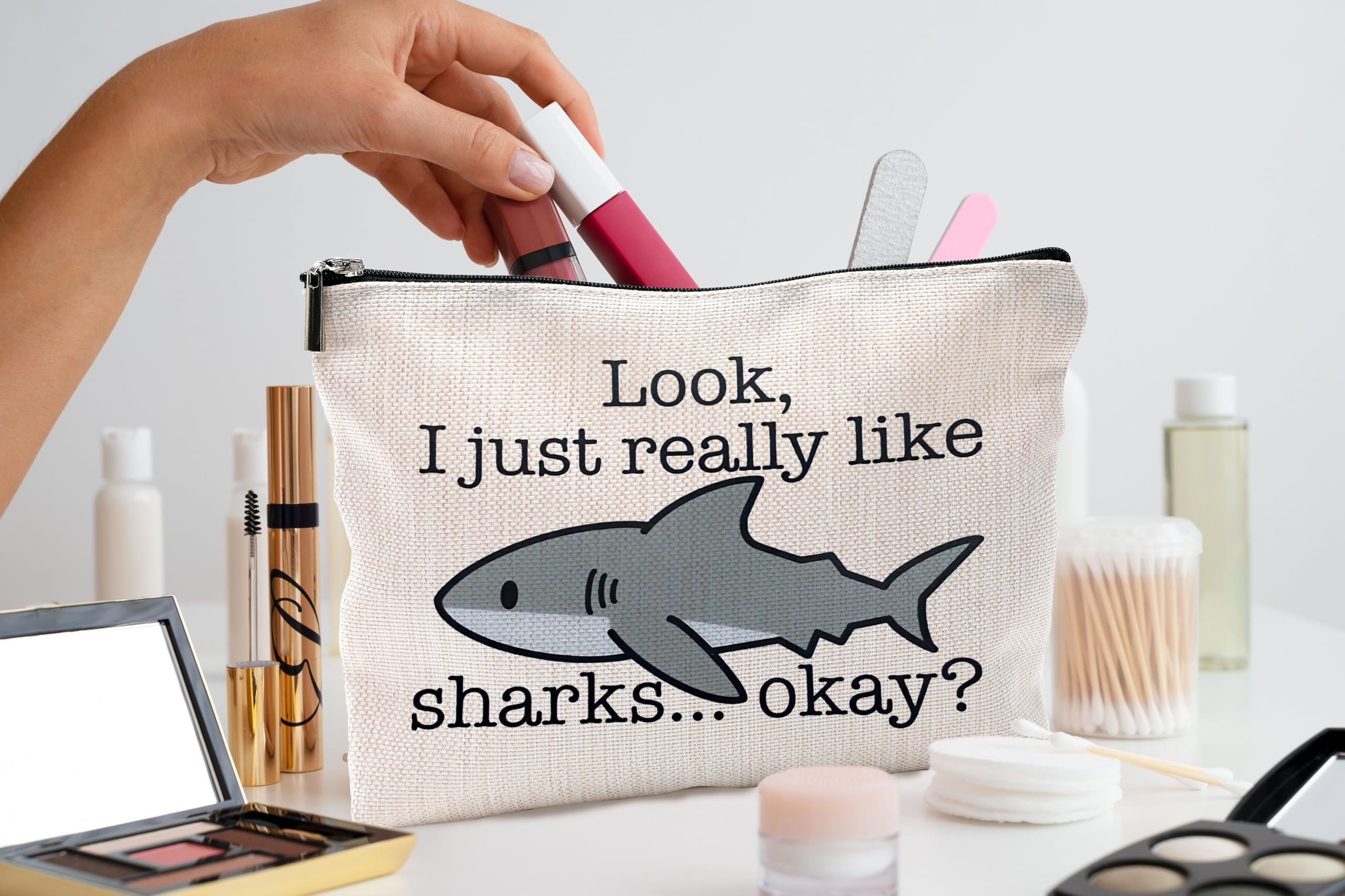 QGFM Shark Makeup Bag interior with compartments for organized cosmetics and easy access