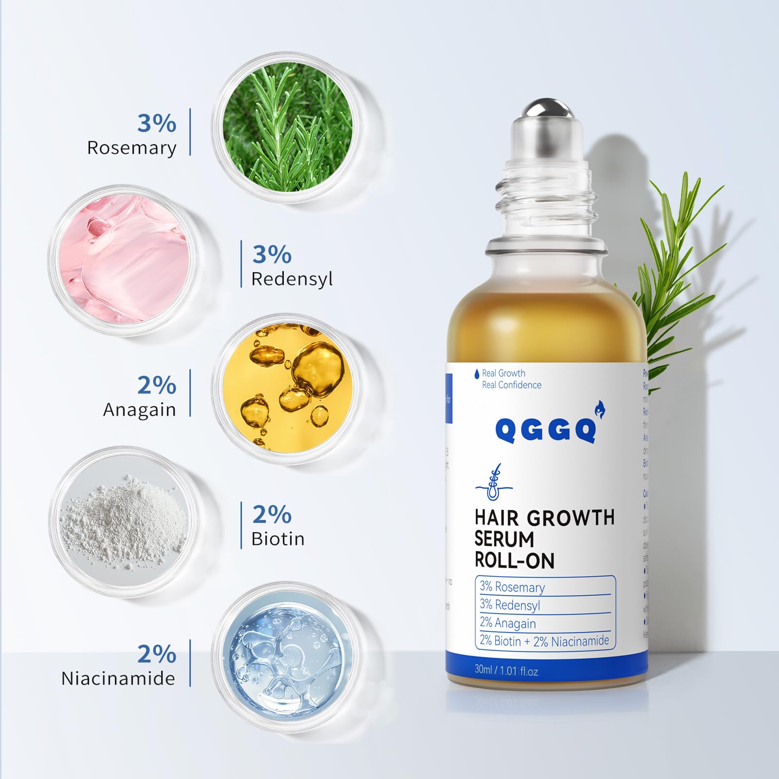 QGGQ bottle highlights ingredients like rosemary and Biotin.