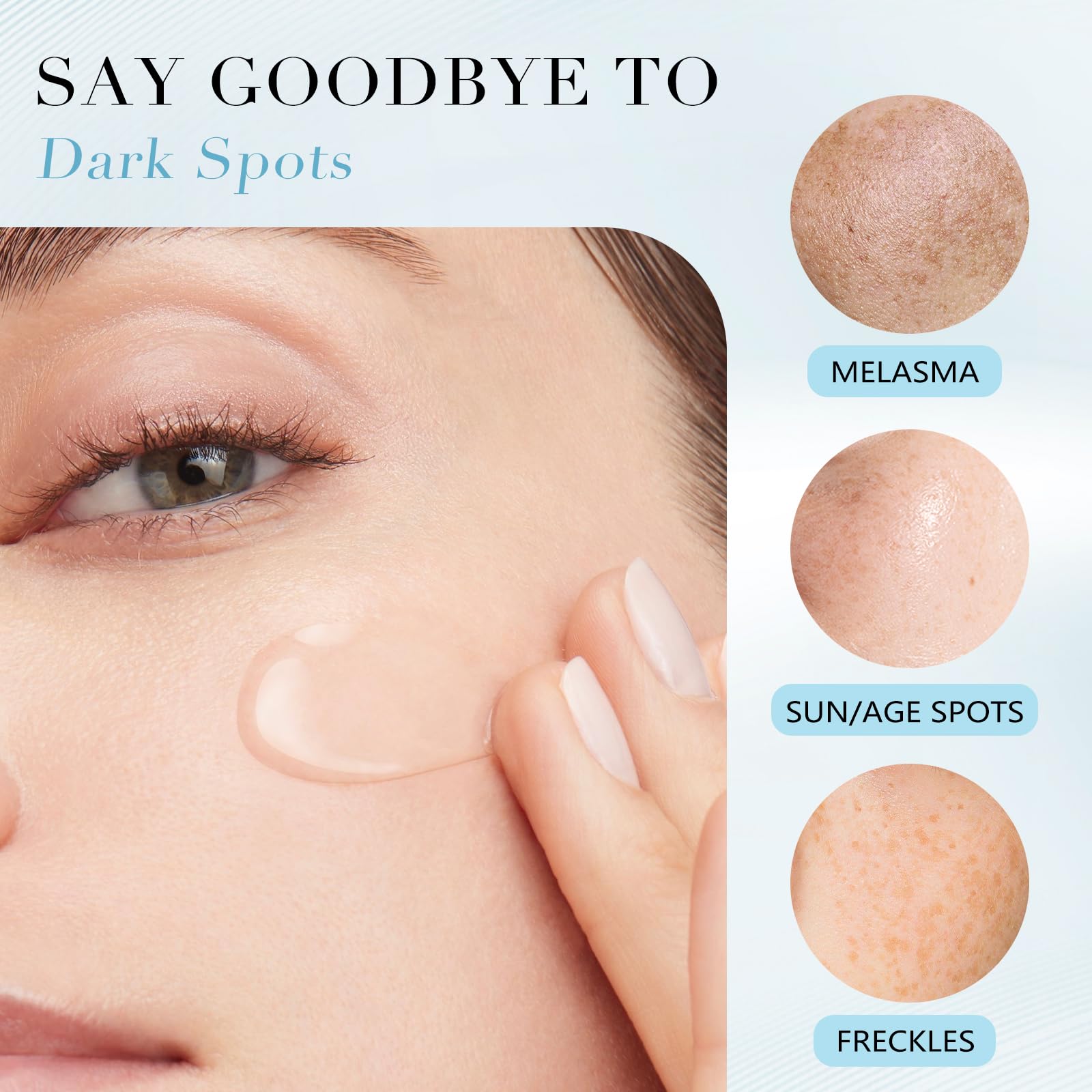 QGGQ tranexamic acid spot lightening frame illustrates melanin reduction concept.