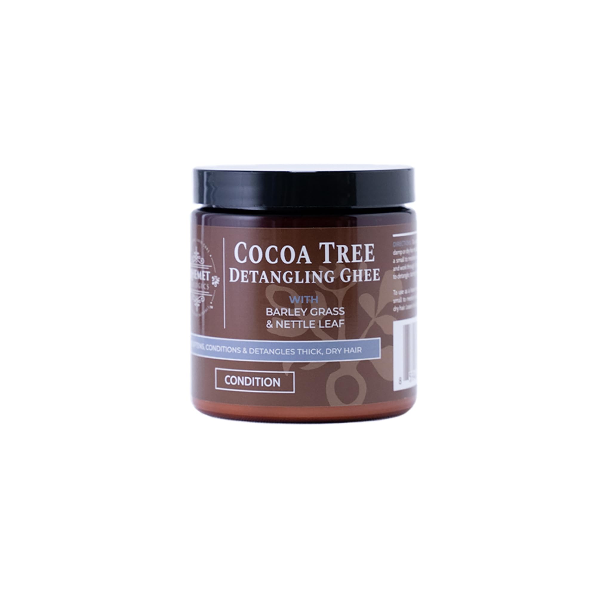 Qhemet Biologics Cocoa Tree Detangling Ghee bottle delivering rich softening moisture for high-porosity hair.