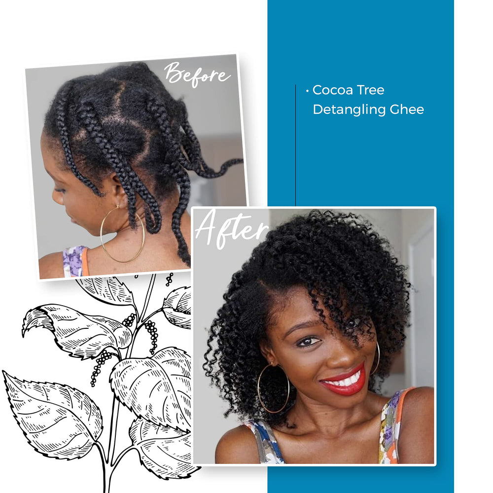 Before and after hair with Cocoa Tree Detangling Ghee displaying pliability.