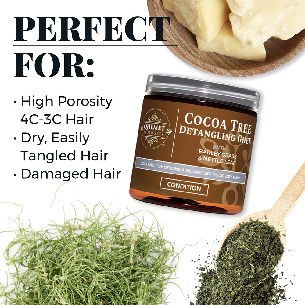 Hands apply Cocoa Tree Detangling Ghee to tangled hair for manageability.