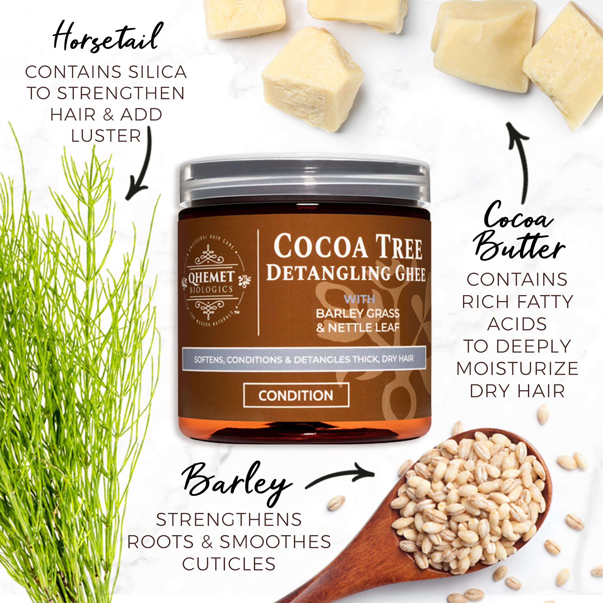 Qhemet Cocoa Tree Detangling Ghee pour highlights smooth glide for detangling.