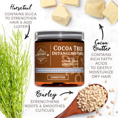 Qhemet Cocoa Tree Detangling Ghee pour highlights smooth glide for detangling.