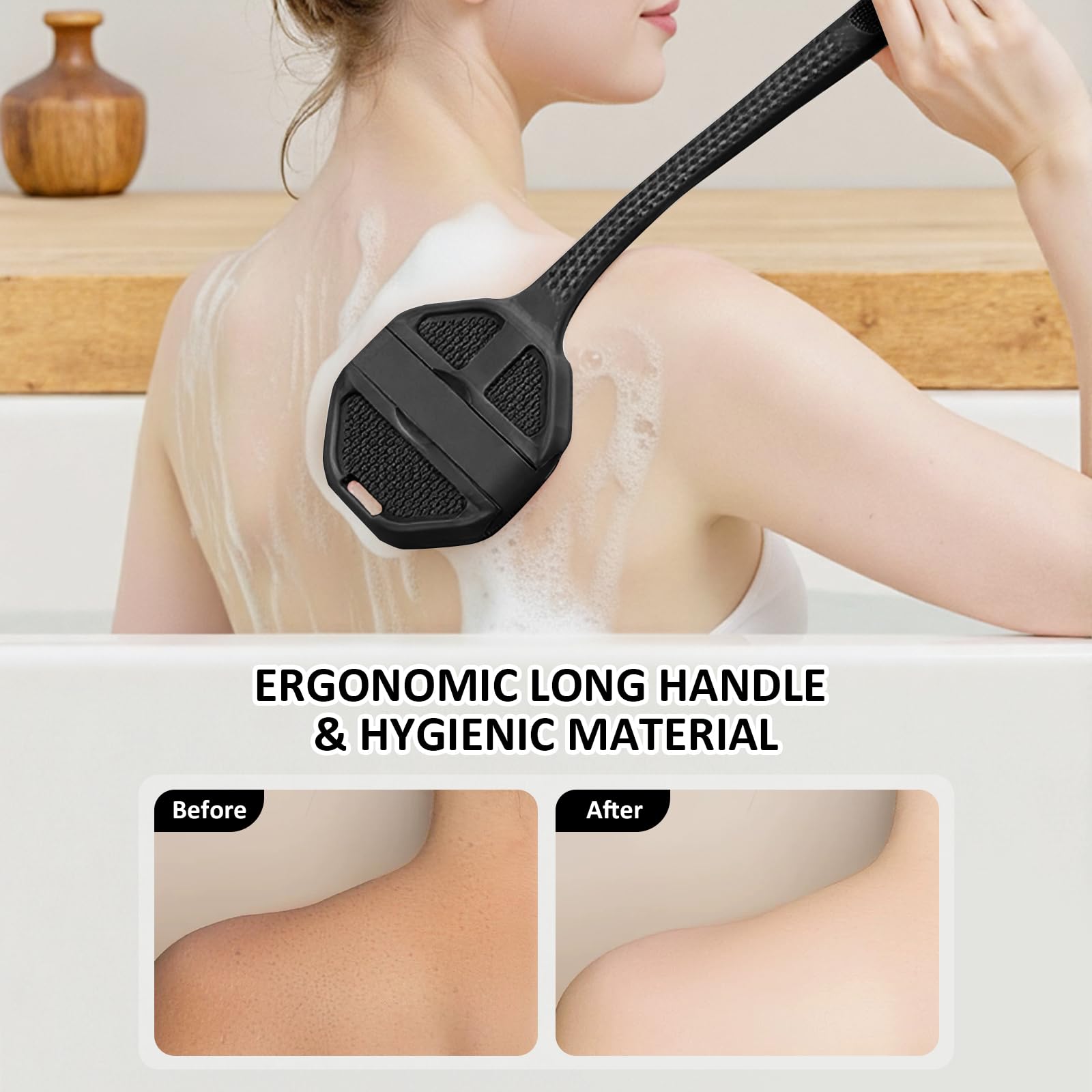 QiaKeoo silicone body scrubber attached to extendable handle for back cleansing.