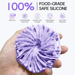 QiaKeoo silicone body scrubber closeup shows soft bristles for gentle exfoliation.