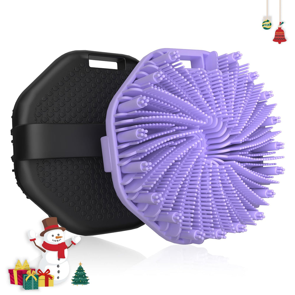 QiaKeoo silicone body scrubber pack in black and purple for two-person use and shower exfoliation.