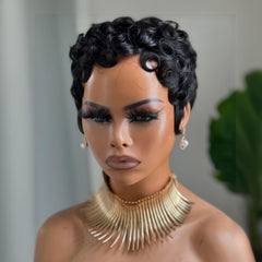 QiaQiaRing Pixie Cut Wig dense-volume side view highlights fullness and styling versatility