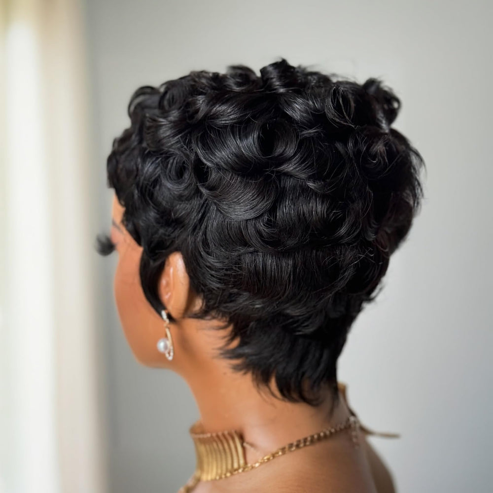 QiaQiaRing Pixie Cut Wig glueless cap detail emphasizes secure fit and easy wear